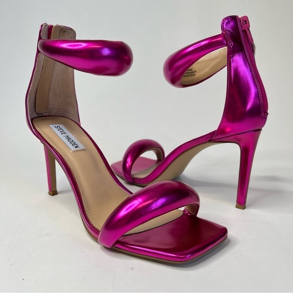 STEVE MADDEN Partay Pink Metallic Bubble Strap Square Toe Stiletto Sandals Heels